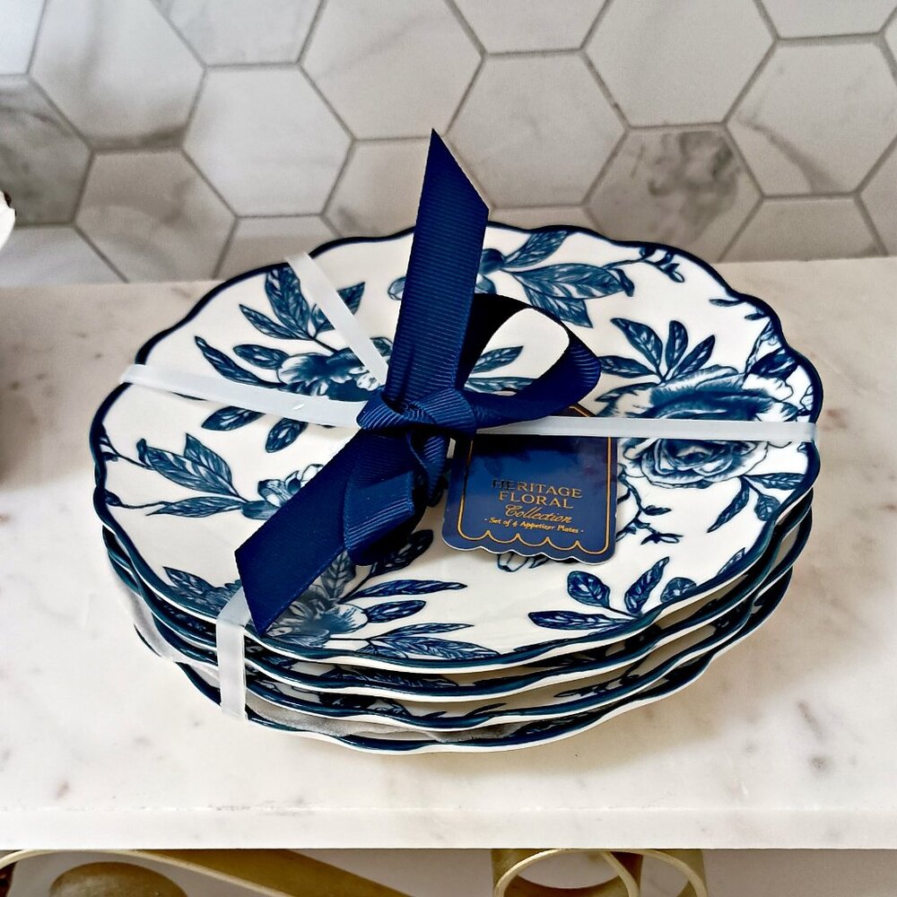 NEW! SET/4 FRENCH Cottage ROSES BLUE & WHITE TID BIT PLATES